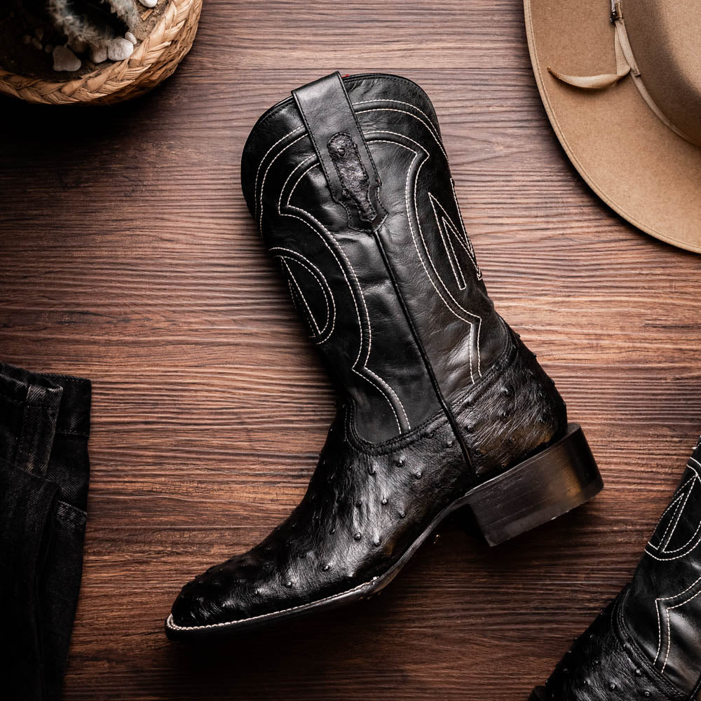 Marco Di Milano Alabama Men's Exotic Cowboy Boots – Full-Quill Ostrich | Black Square Toe
