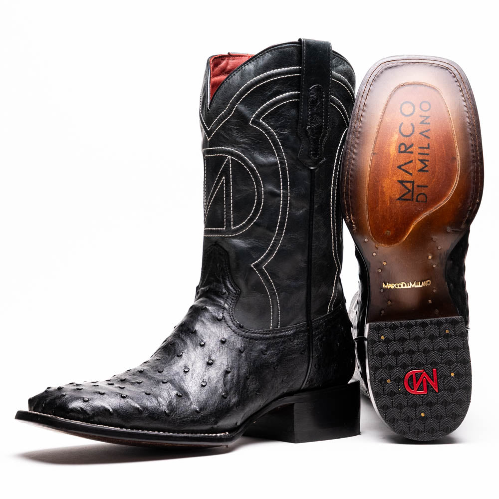 Marco Di Milano Alabama Men's Exotic Cowboy Boots – Full-Quill Ostrich | Black Square Toe