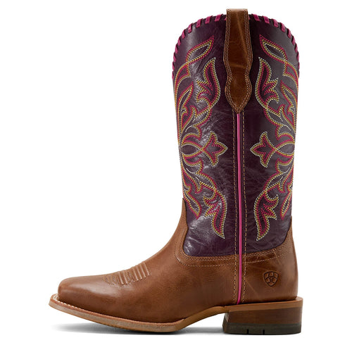 Brown cowboy boot with intricate purple and red embroidery on a white background