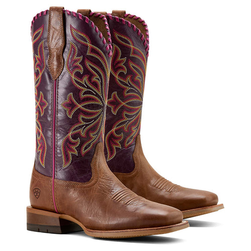 Brown cowboy boots with intricate purple and red stitching on a white background