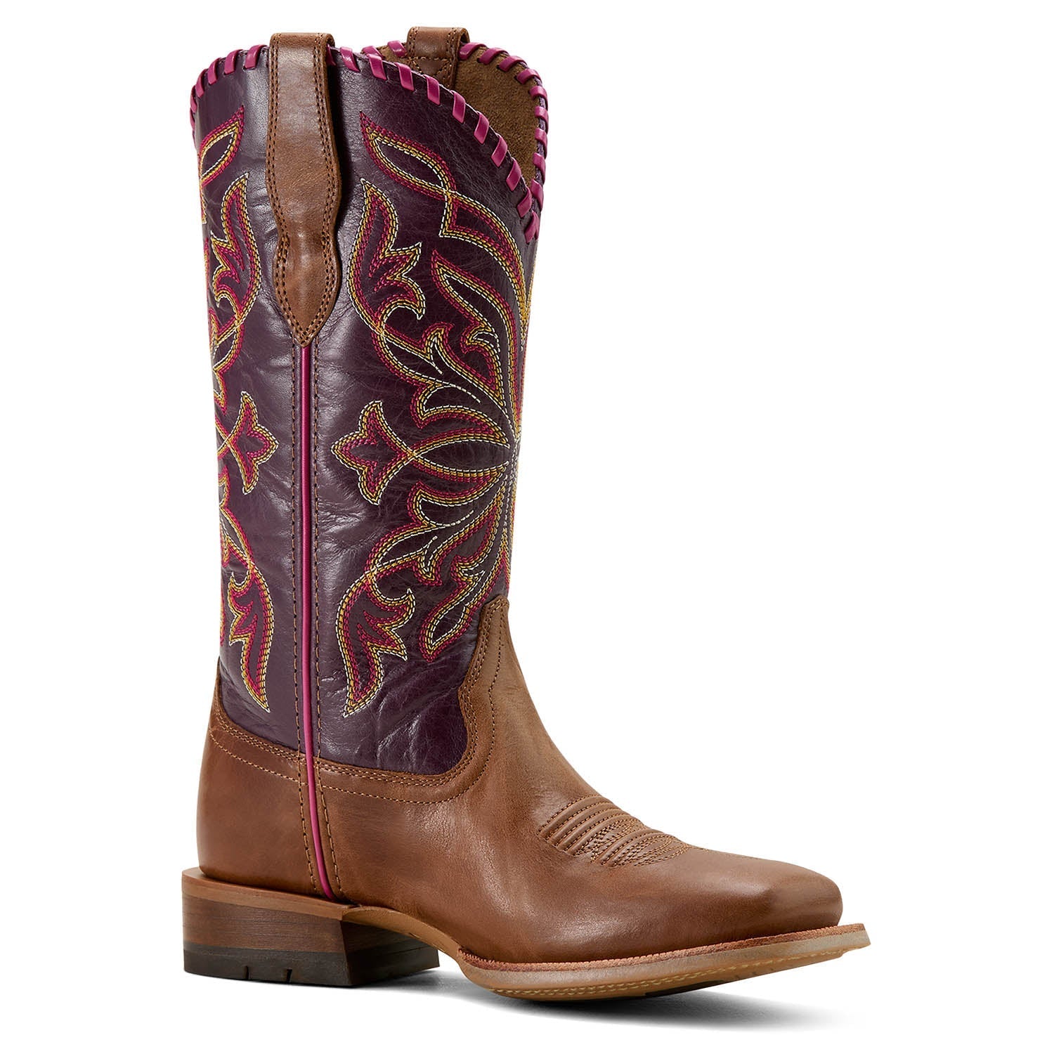 Brown cowboy boot with intricate purple and red embroidery on a white background