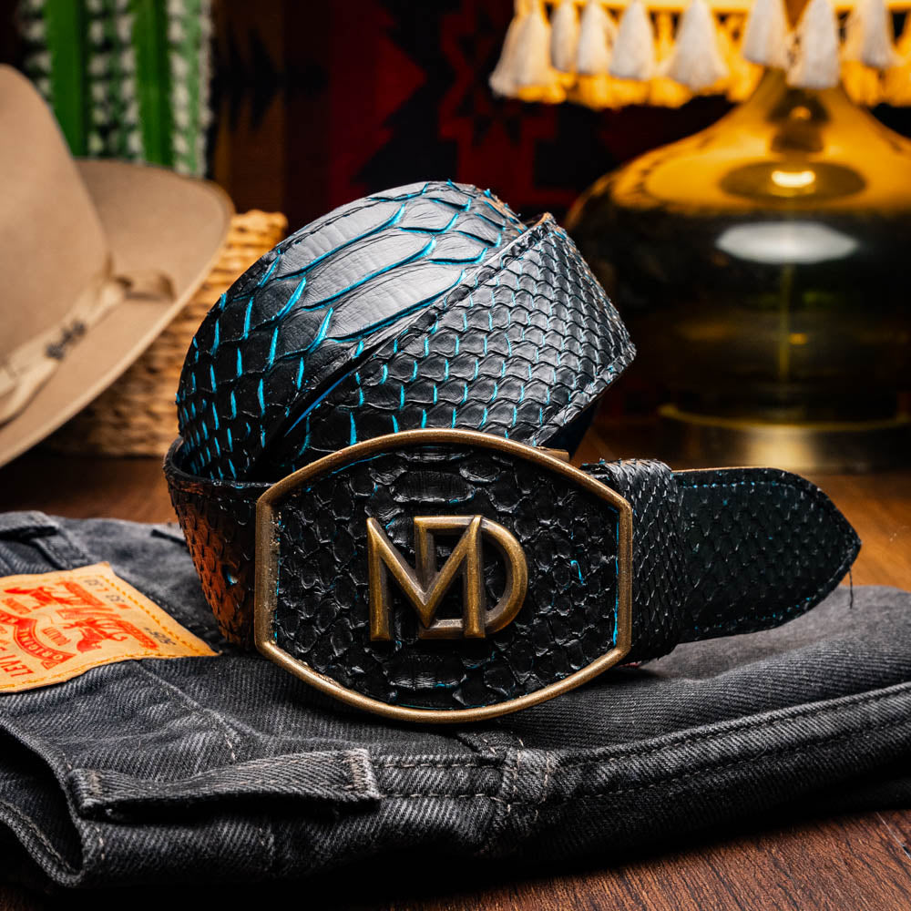 Marco Di Milano Arkansas Men's Exotic Western Belt – Genuine Python Skin | Black & Blue