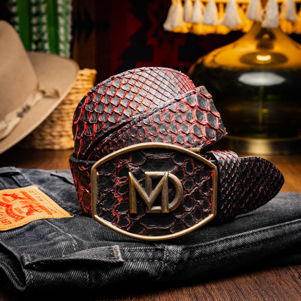 Marco Di Milano Arkansas Men's Exotic Western Belt – Genuine Python Skin | BlackCherry