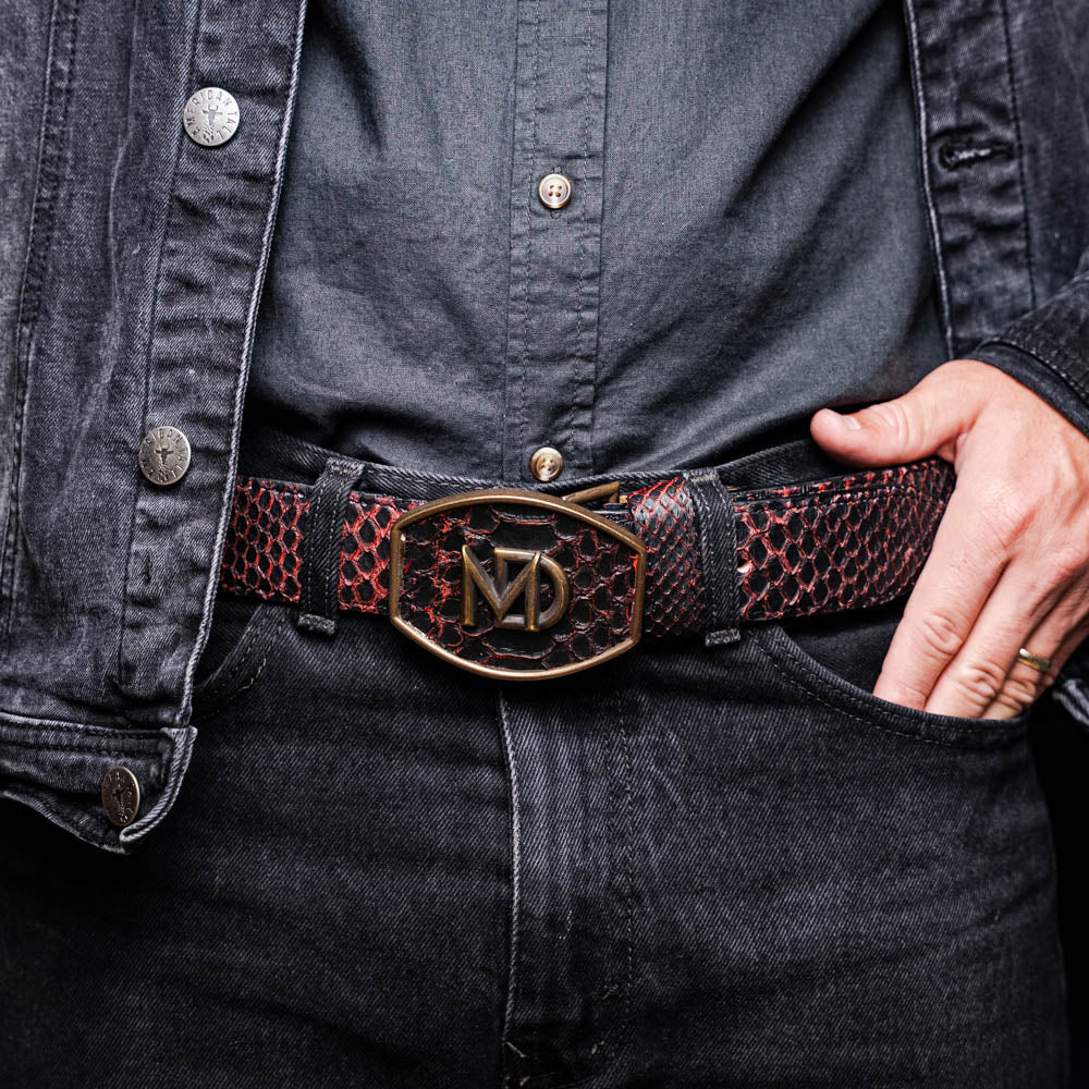 Marco Di Milano Arkansas Men's Exotic Western Belt – Genuine Python Skin | BlackCherry