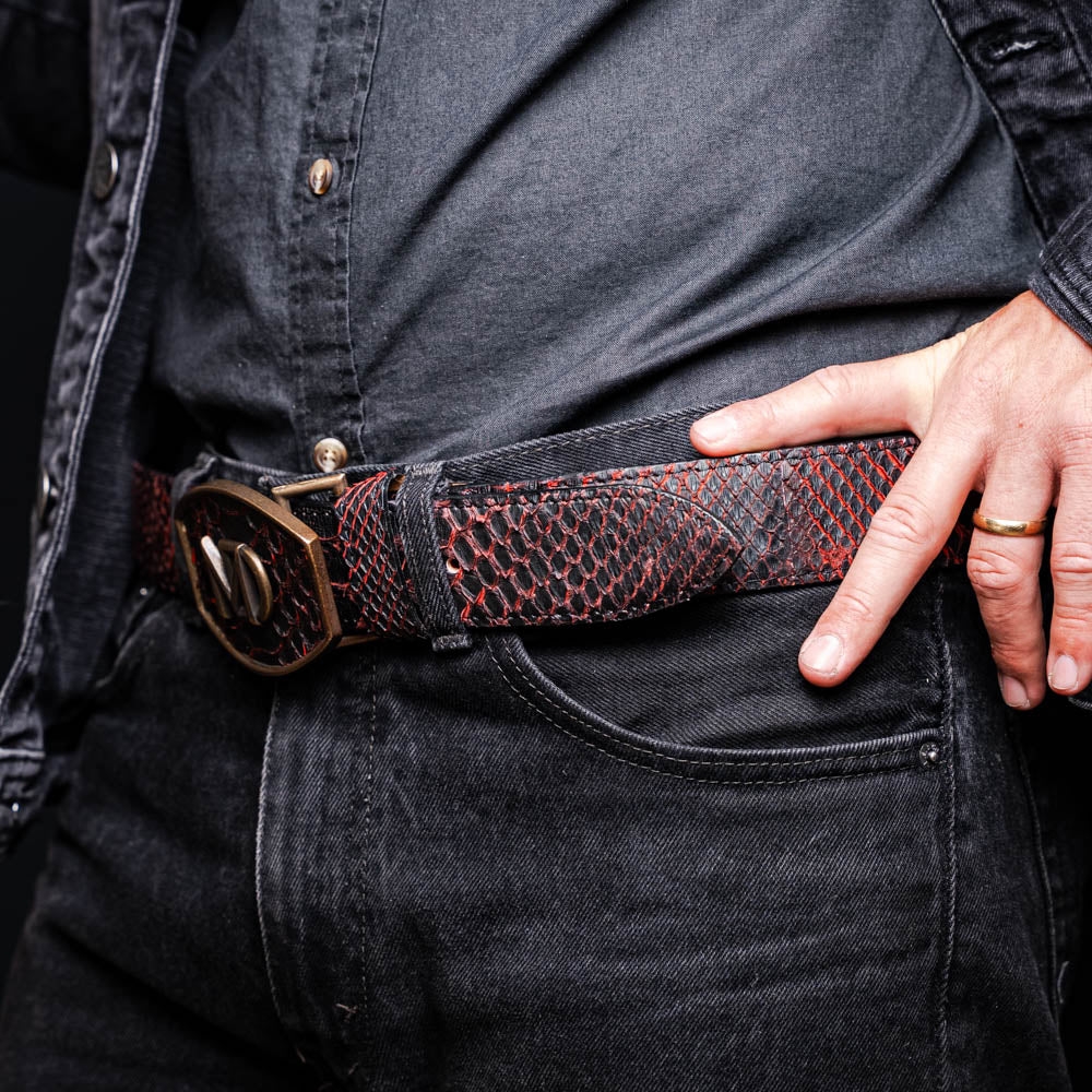 Marco Di Milano Arkansas Men's Exotic Western Belt – Genuine Python Skin | BlackCherry