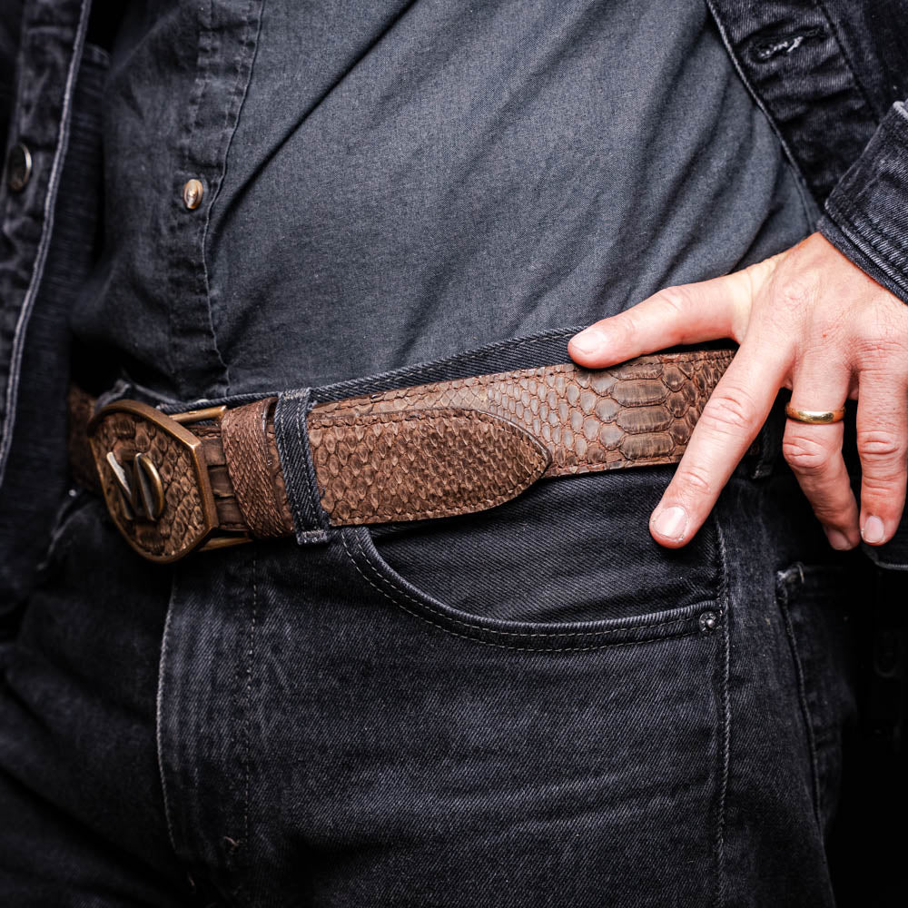 Marco Di Milano Arkansas Men's Exotic Western Belt – Genuine Python Skin | Brown