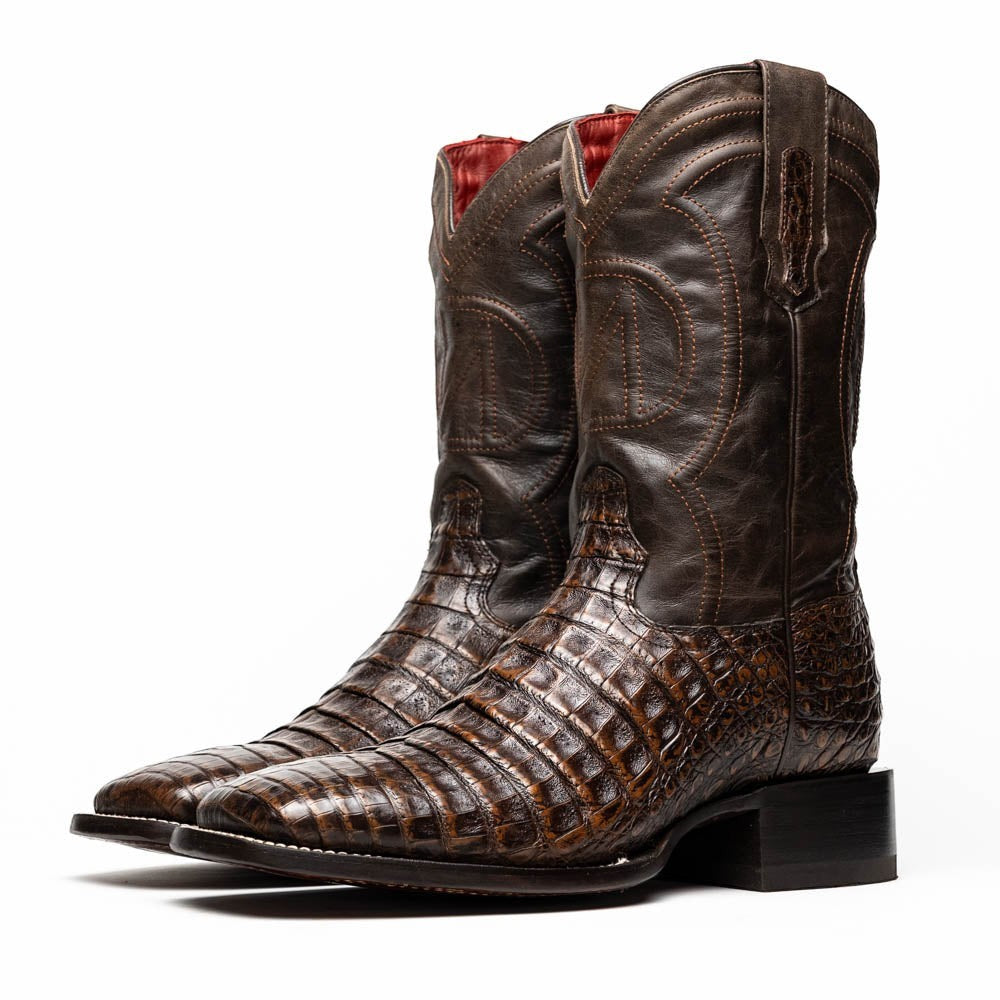 Copper Spur Western Boots & Hats Marco Di Milano Tucson aged brown genuine caiman belly cowboy boots with square toe and western stitching.