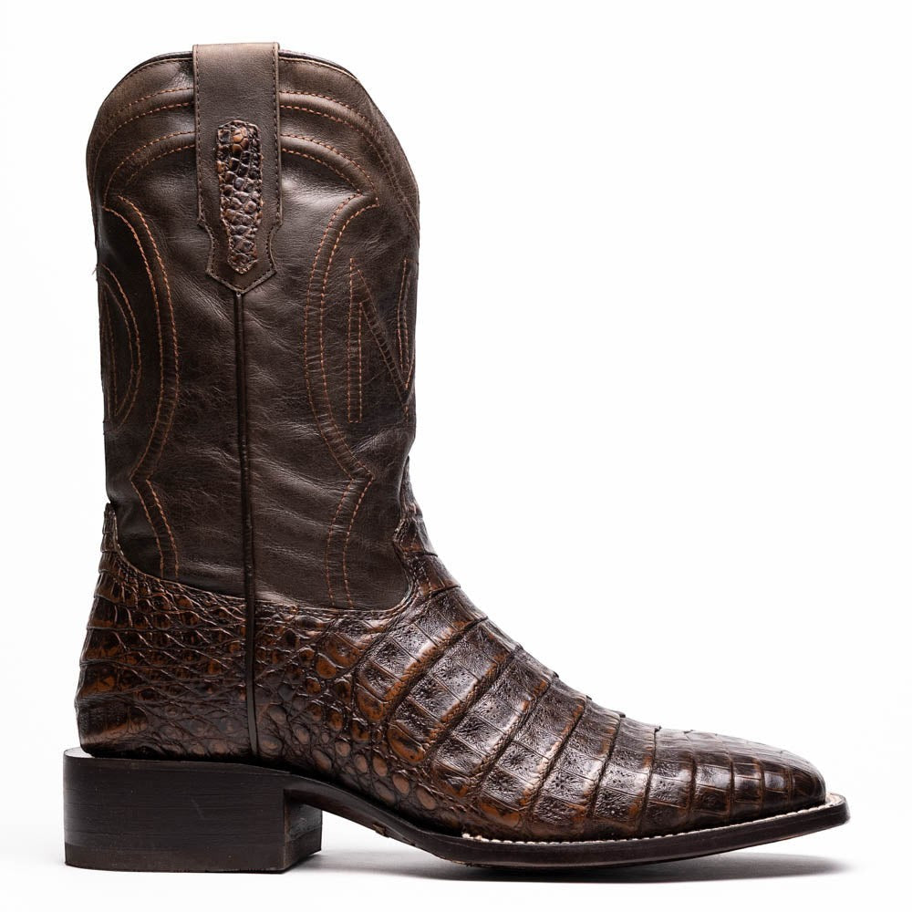 Marco Di Milano Tucson Men's Exotic Cowboy Boots – Genuine Caiman Belly | Aged Brown Square Toe