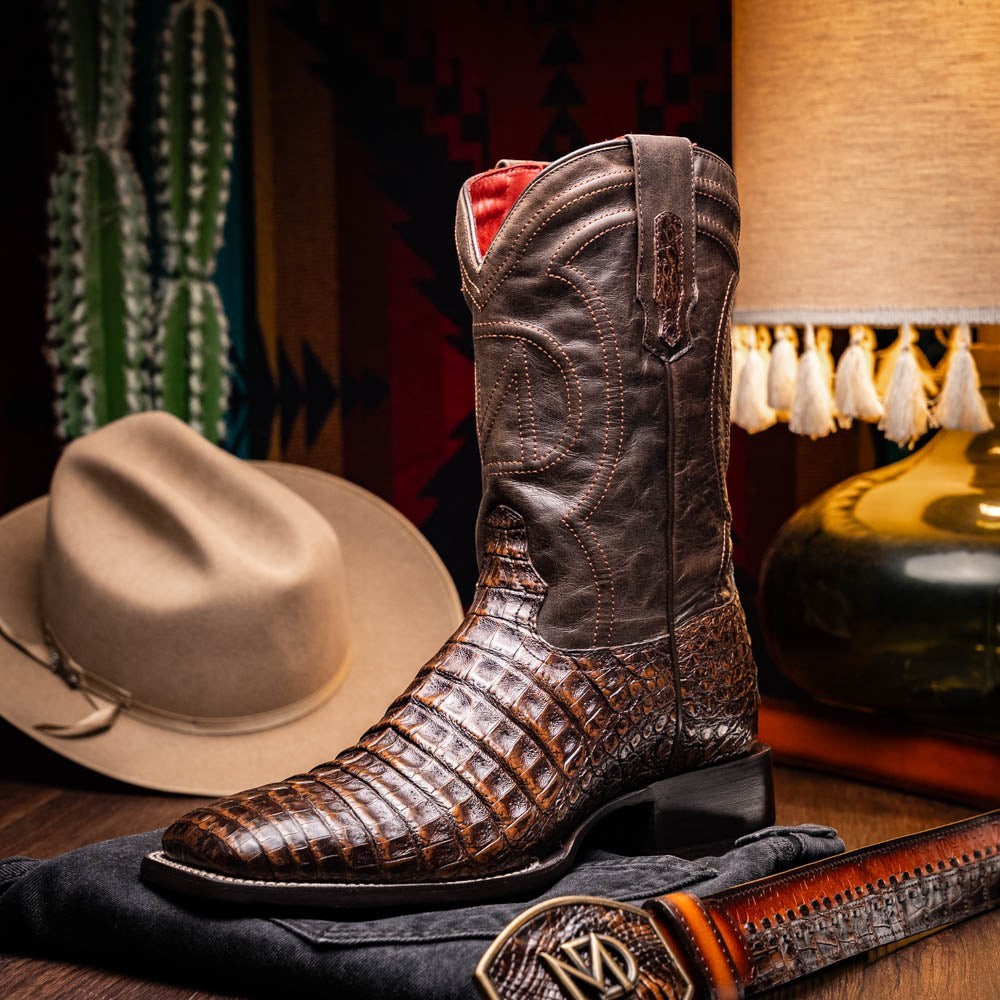 Marco Di Milano Tucson men's exotic cowboy boots in aged brown genuine caiman belly with square toe and red lining.