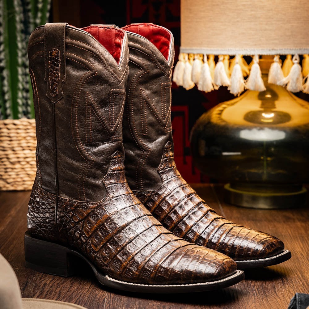 Copper Spur Western Boots & Hats Marco Di Milano aged brown genuine caiman belly cowboy boots with square toe and red lining.