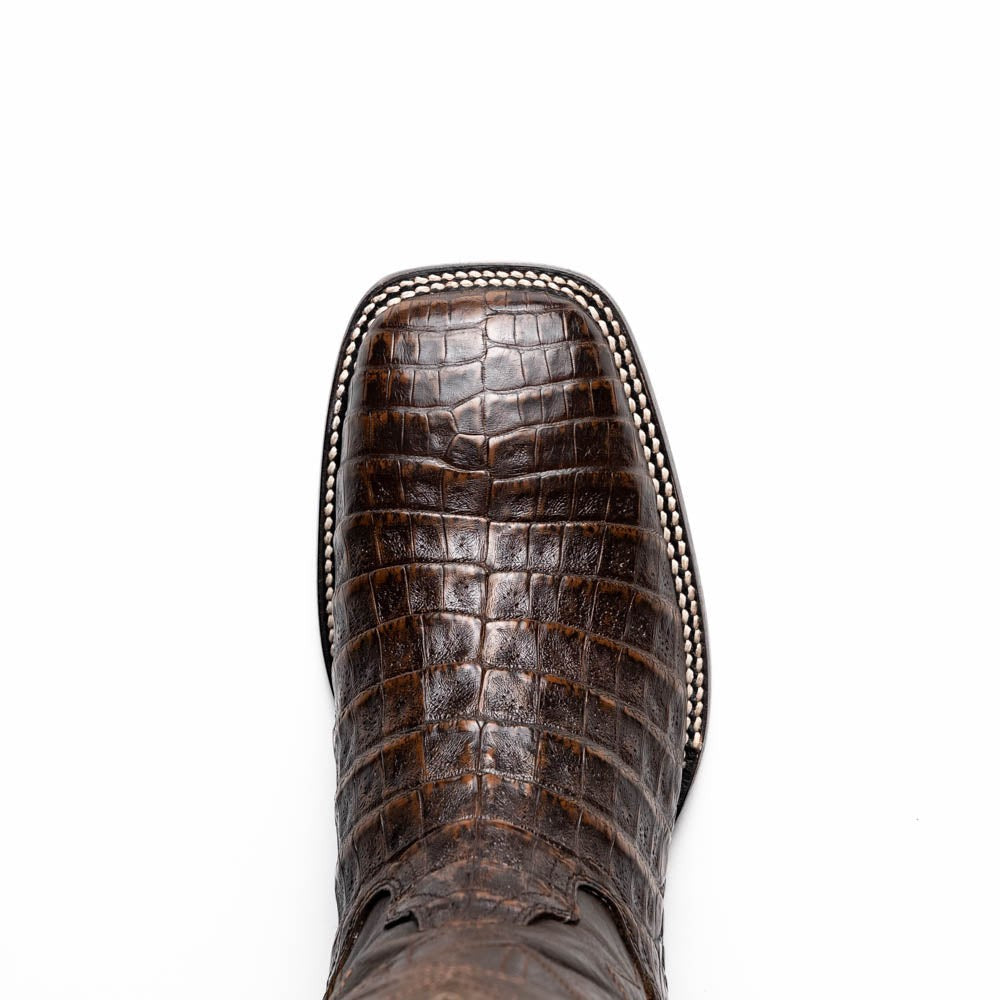 Copper Spur Western Boots & Hats men's aged brown genuine caiman belly cowboy boots with square toe and detailed stitching.
