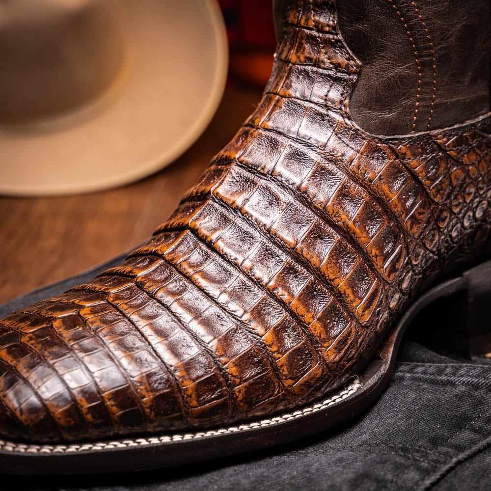 Copper Spur Western Boots & Hats Marco Di Milano aged brown genuine caiman belly cowboy boots with square toe and detailed stitching.