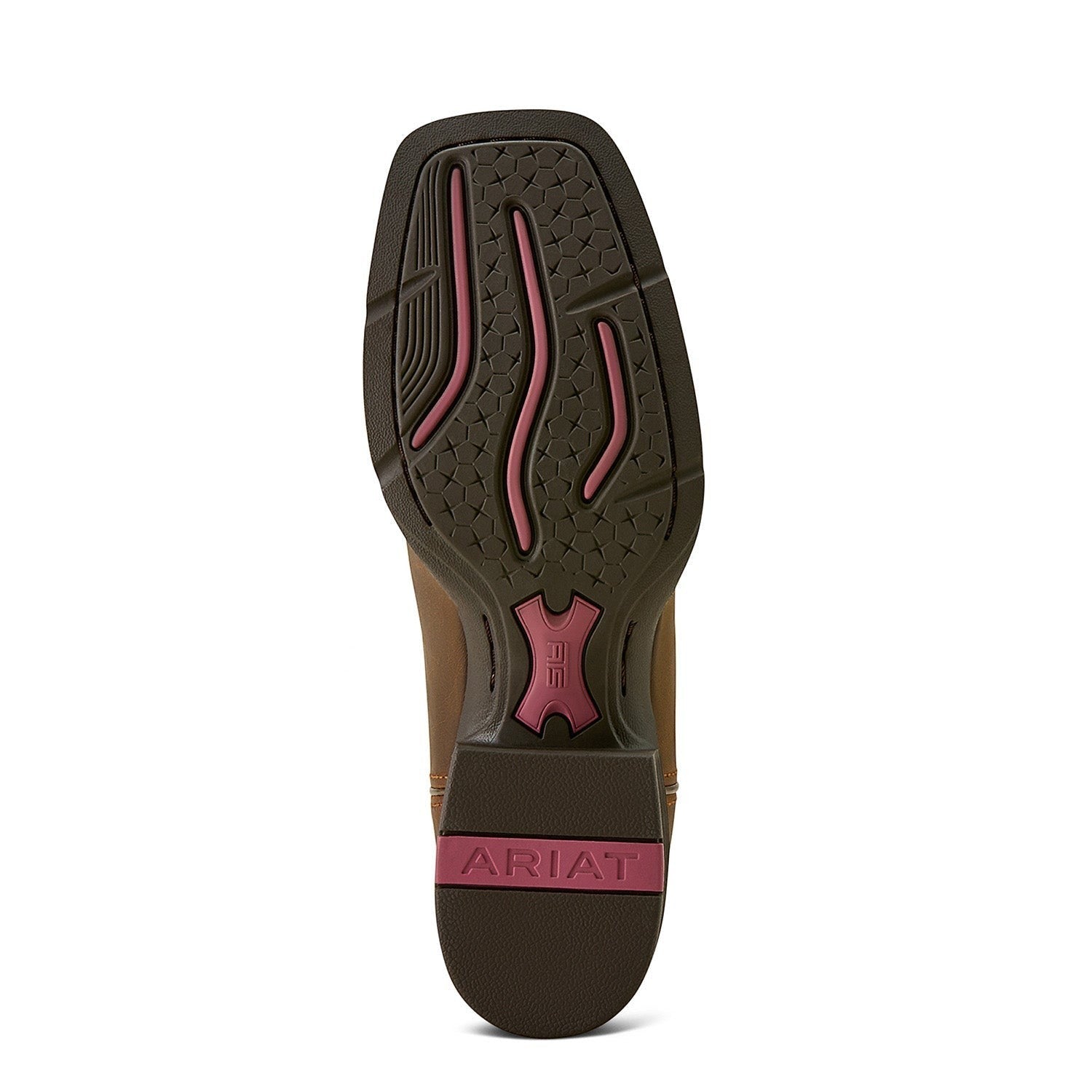 Copper Spur Western Boots & Hats Ariat women's brown leather boots with wide square toe and pink sole accents.