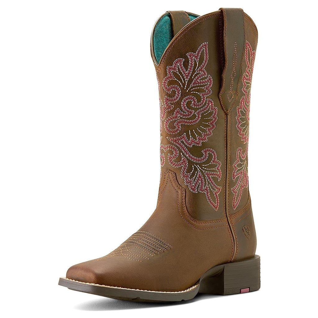 Copper Spur Western Boots & Hats Ariat women's brown leather cowboy boots with pink and white stitching, wide square toe, and teal lining.