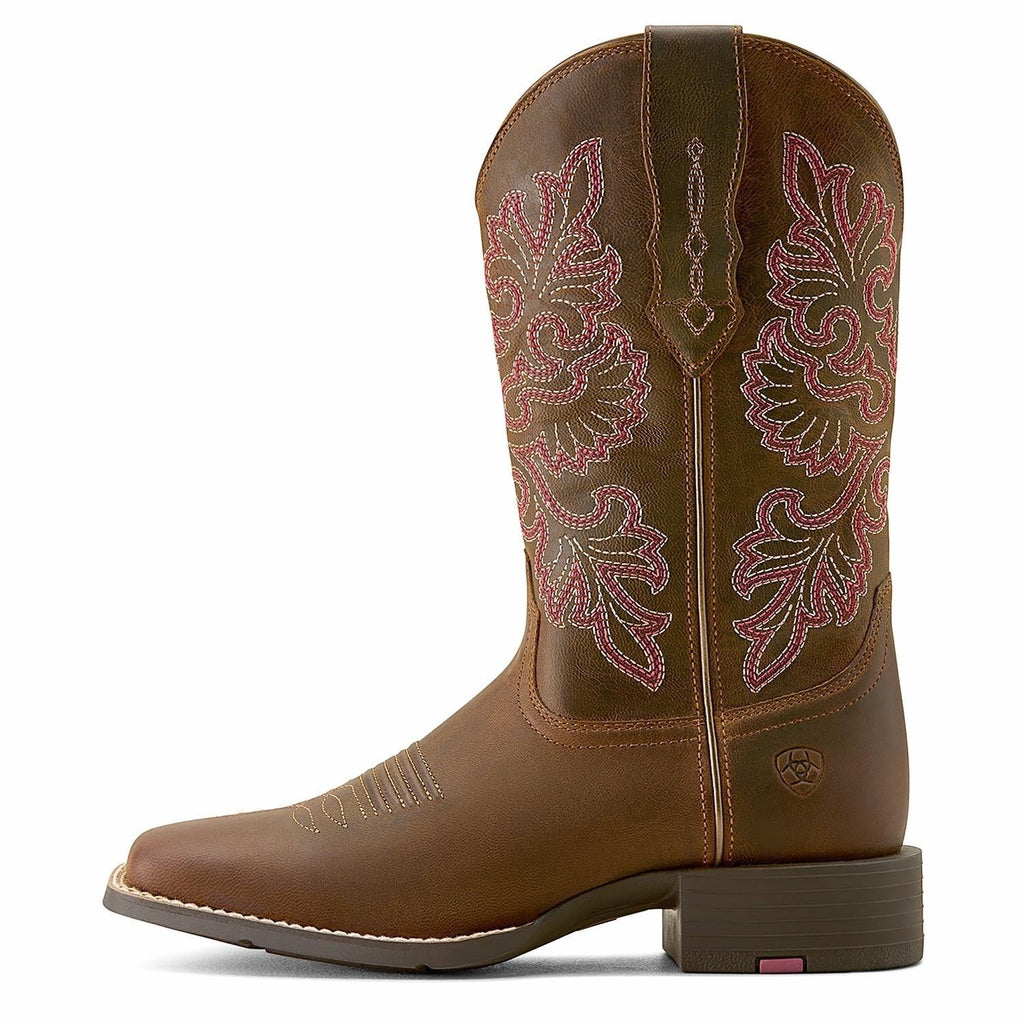 Copper Spur Western Boots & Hats Ariat Women's brown leather cowboy boots with pink and white stitching detail and wide square toe.