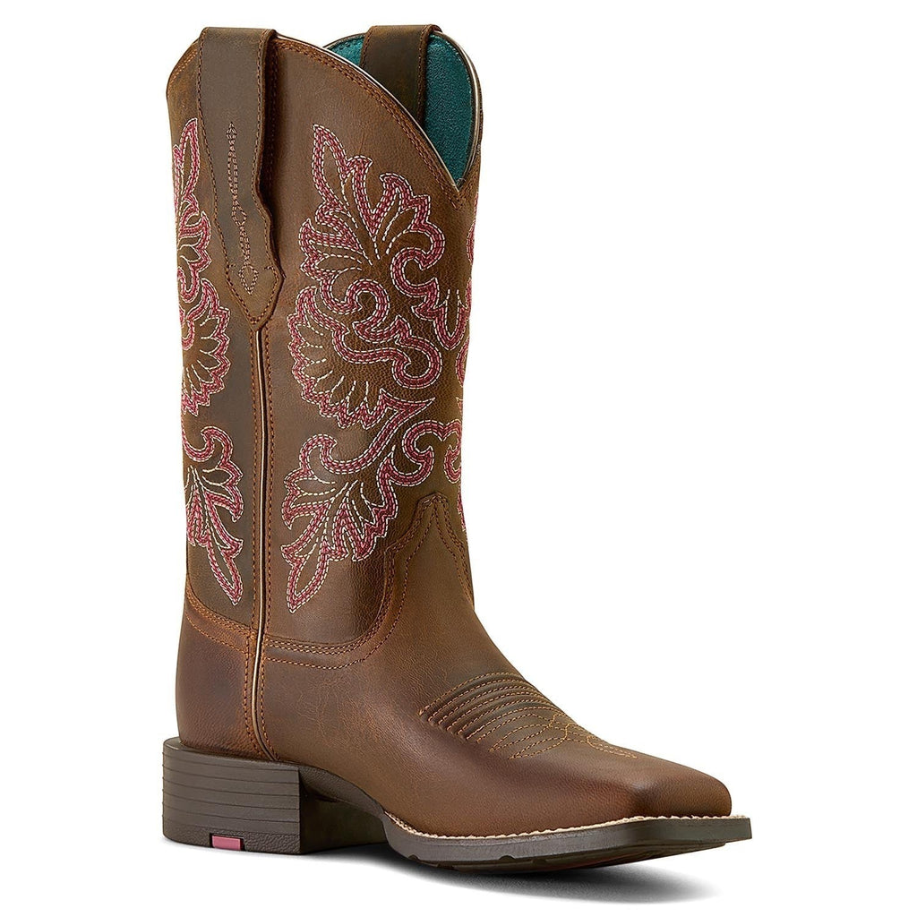 Copper Spur Western Boots & Hats women's brown full-grain leather cowboy boots with pink and white stitching and a wide square toe.