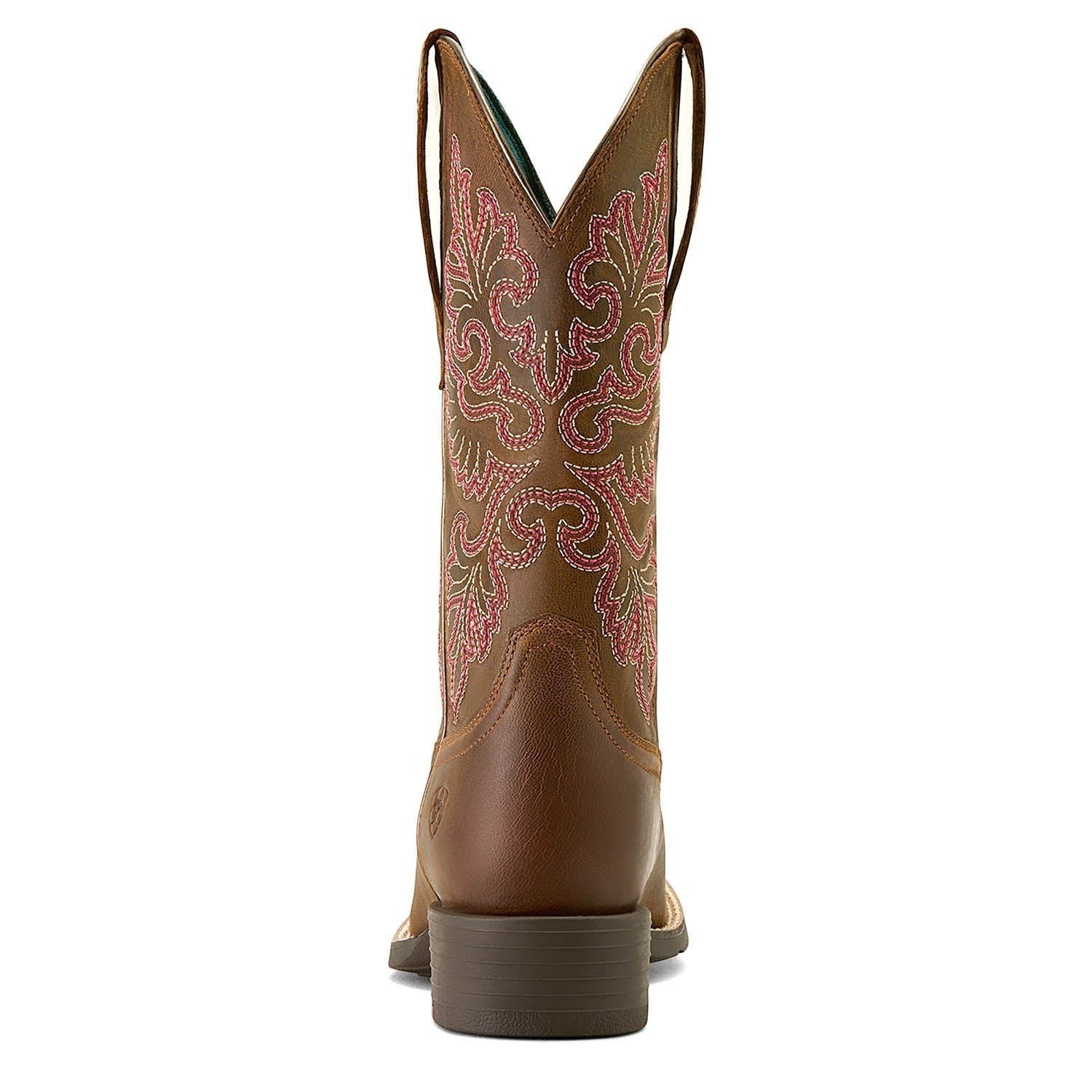 Copper Spur Western Boots & Hats brown full-grain leather women's cowboy boots with pink and white stitching and a wide square toe.