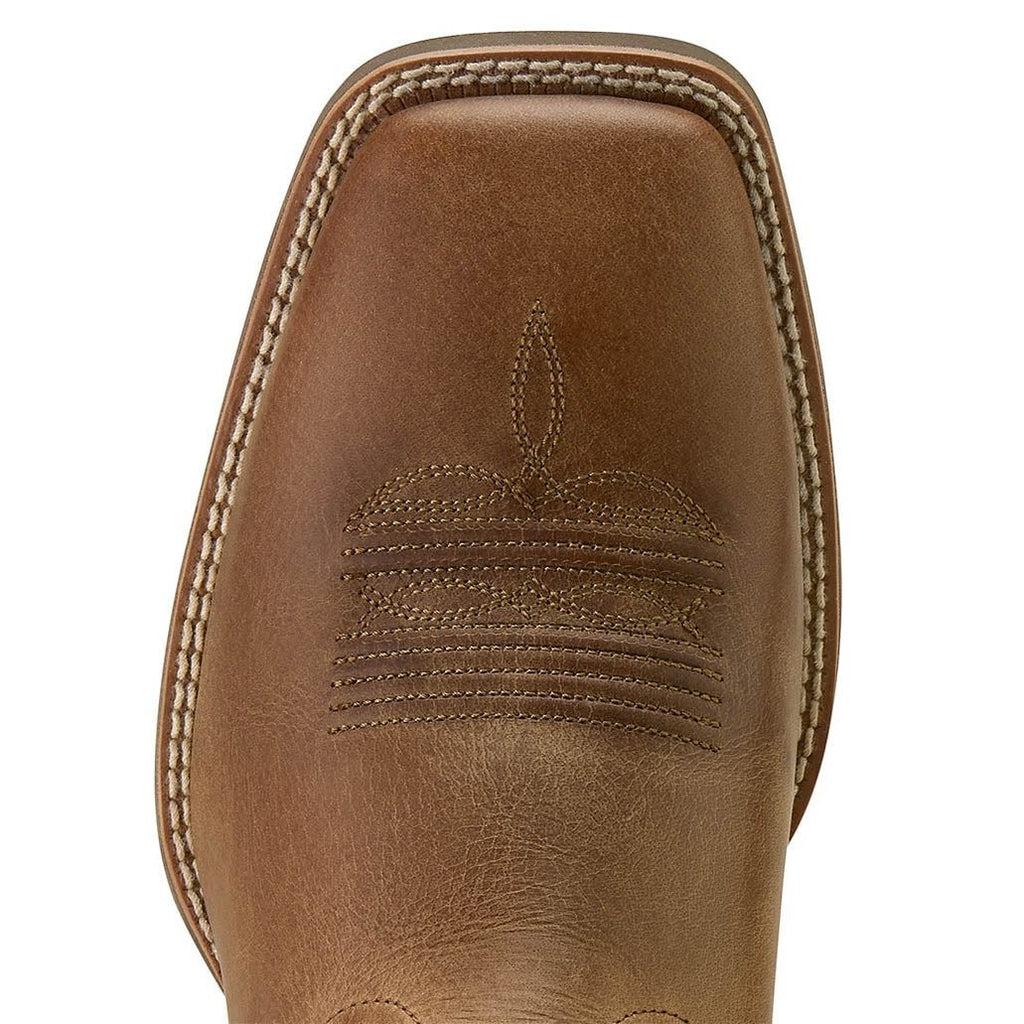 Copper Spur Western Boots & Hats men's brown leather square toe boots with embroidered steer skull and stitching.