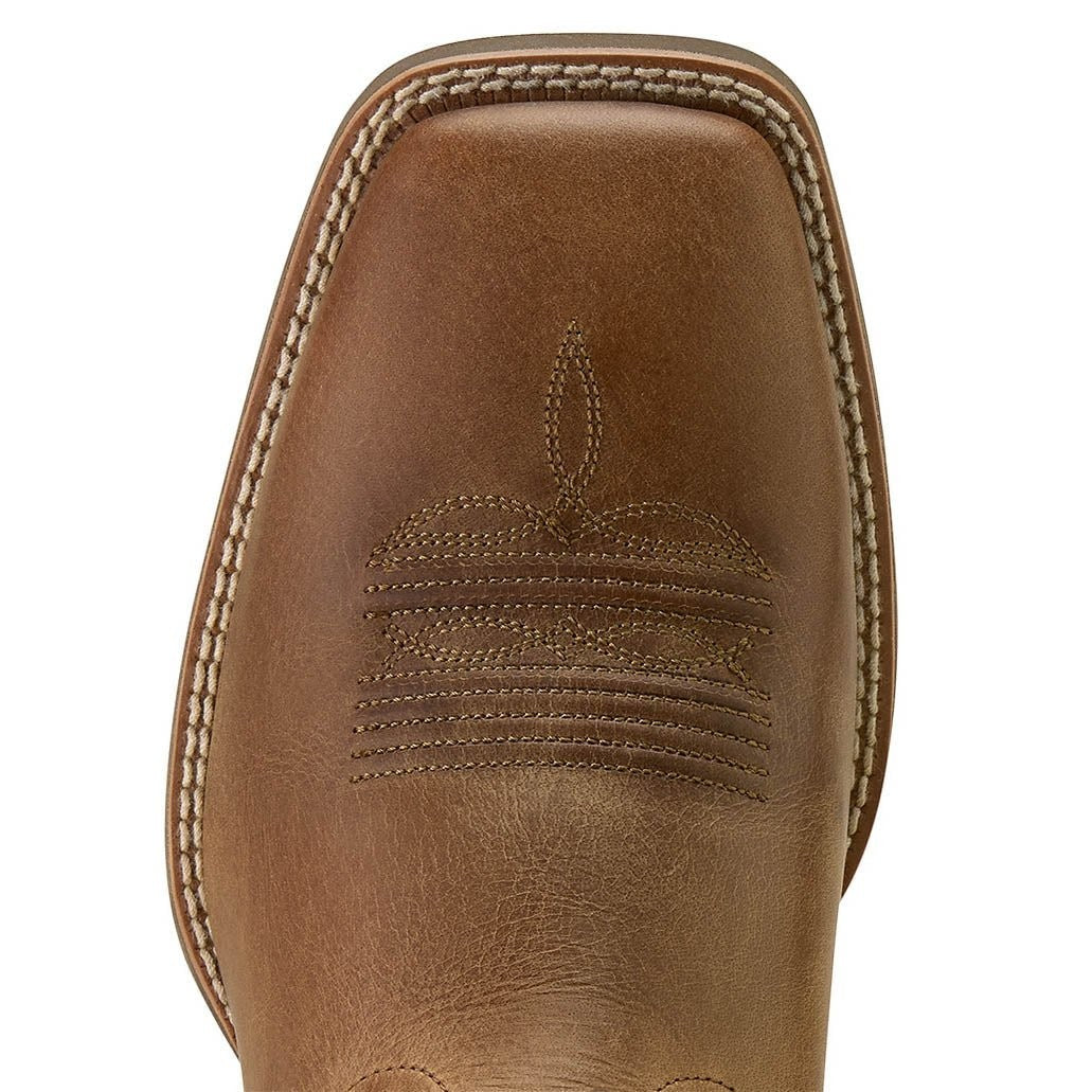Copper Spur Western Boots & Hats men's brown leather square toe boots with embroidered steer skull and stitching.