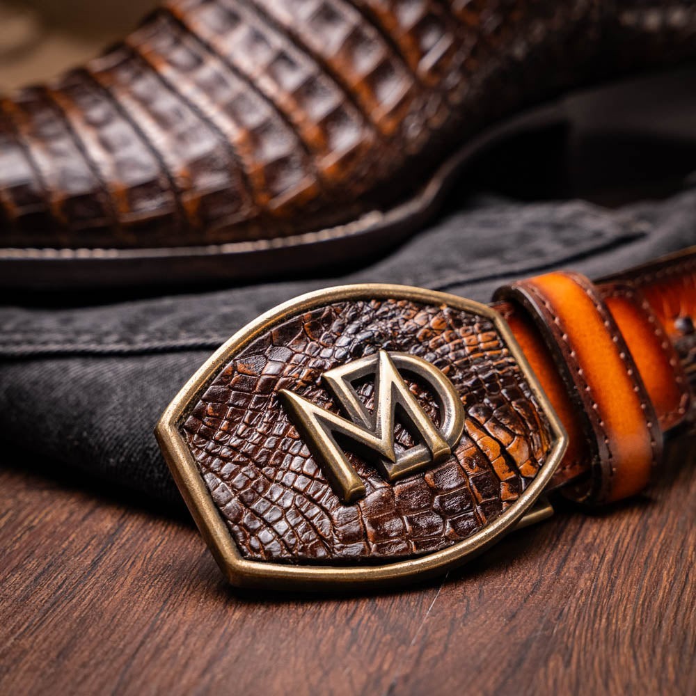 Copper Spur Western Boots & Hats Marco Di Milano aged brown genuine caiman belly cowboy boot and belt with MD logo.