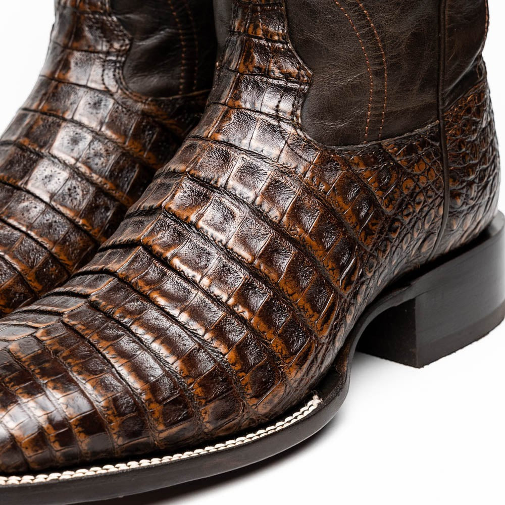 Copper Spur Western Boots & Hats Marco Di Milano Tucson aged brown genuine caiman belly cowboy boots with square toe and detailed stitching.