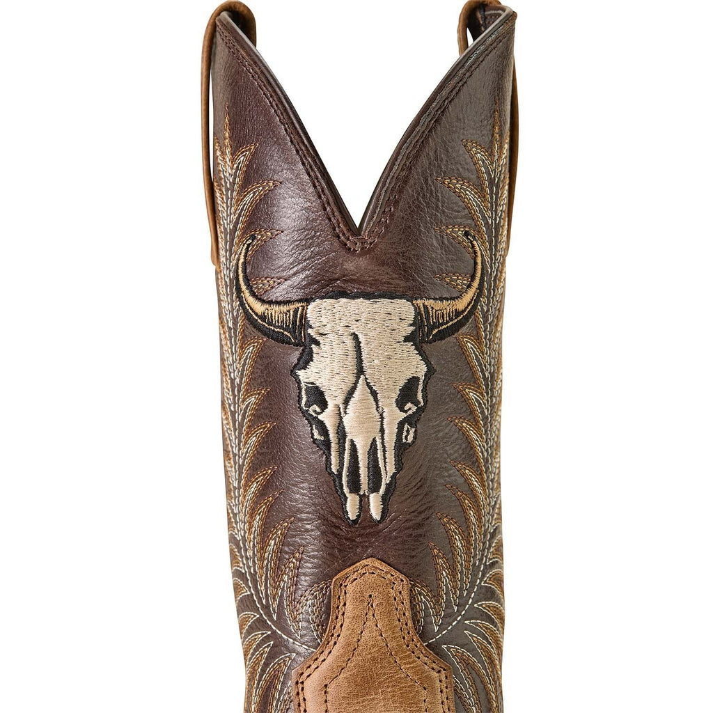 Copper Spur Western Boots & Hats men's brown leather cowboy boots with embroidered steer skull and stitching.