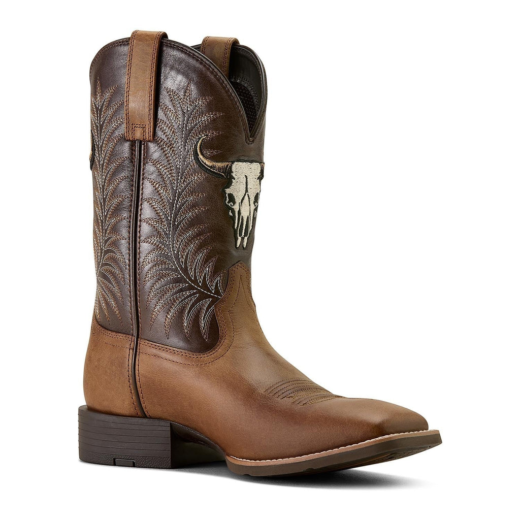 Copper Spur Western Boots & Hats men's brown leather cowboy boots with embroidered steer skull and stitching.