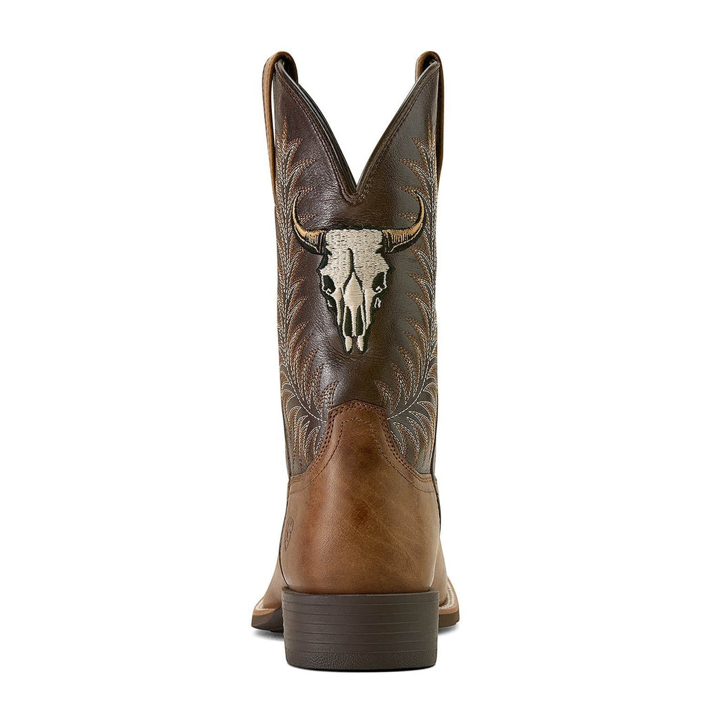 Copper Spur Western Boots & Hats men's brown leather cowboy boots with embroidered steer skull and stitching detail.
