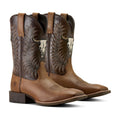 Copper Spur Western Boots & Hats men's brown leather cowboy boots with embroidered steer skull and stitching.