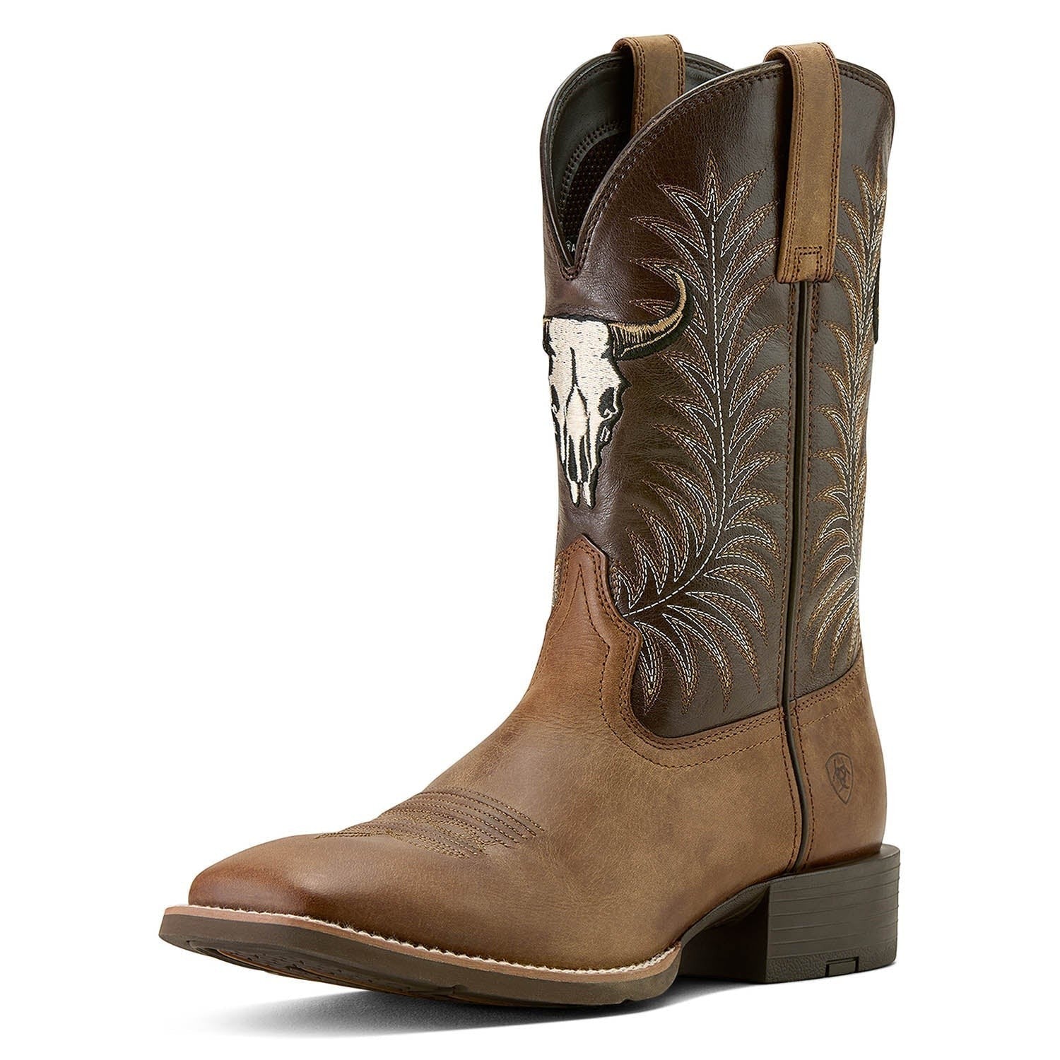 Copper Spur Western Boots & Hats men's brown leather cowboy boots with embroidered steer skull and stitching detail.