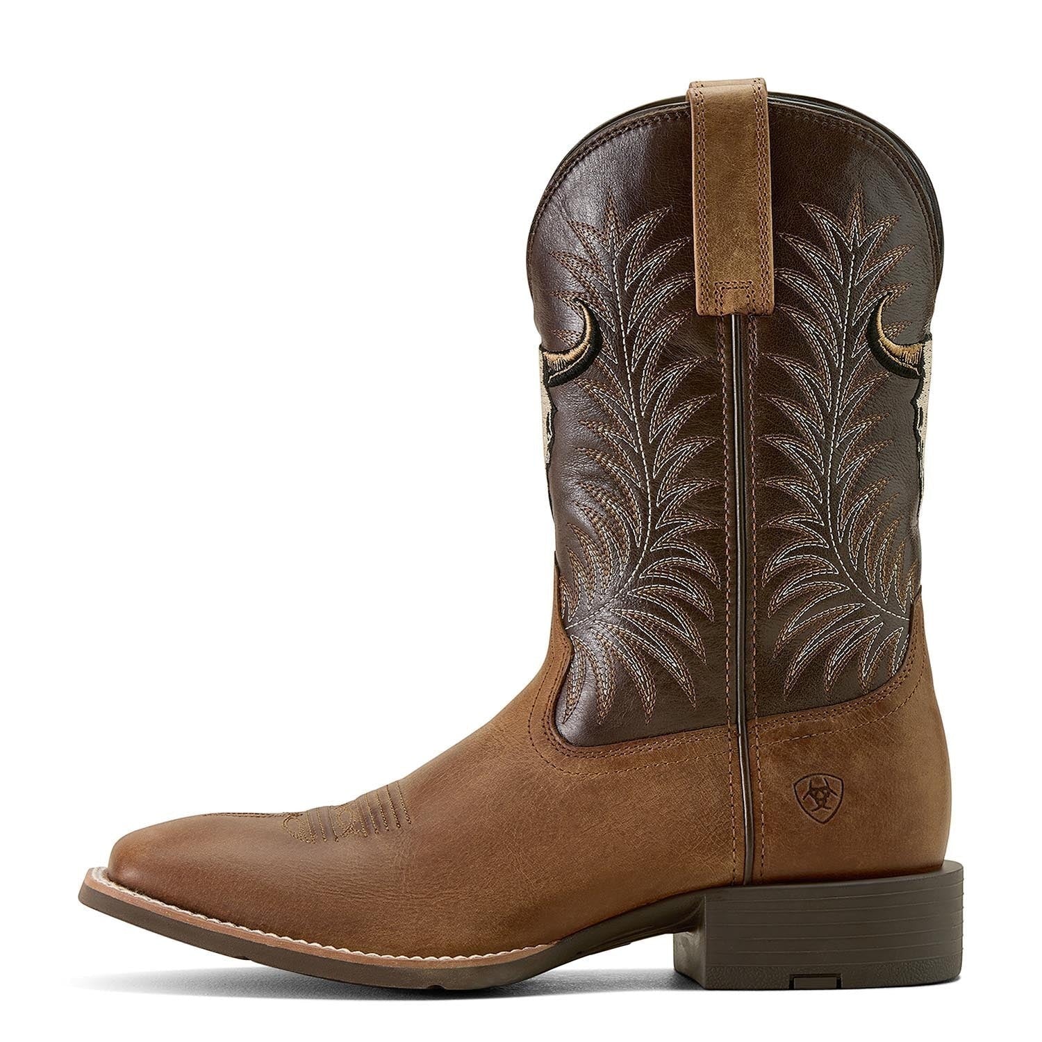Copper Spur Western Boots & Hats men's brown full-grain leather cowboy boots with embroidered steer skull and stitching.