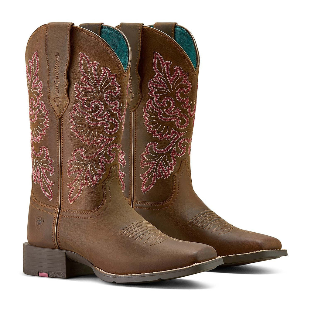 Copper Spur Western Boots & Hats Ariat women's brown full-grain leather cowboy boots with pink and white stitching and turquoise lining.