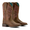 Copper Spur Western Boots & Hats Ariat women's brown full-grain leather cowboy boots with pink and white stitching and turquoise lining.