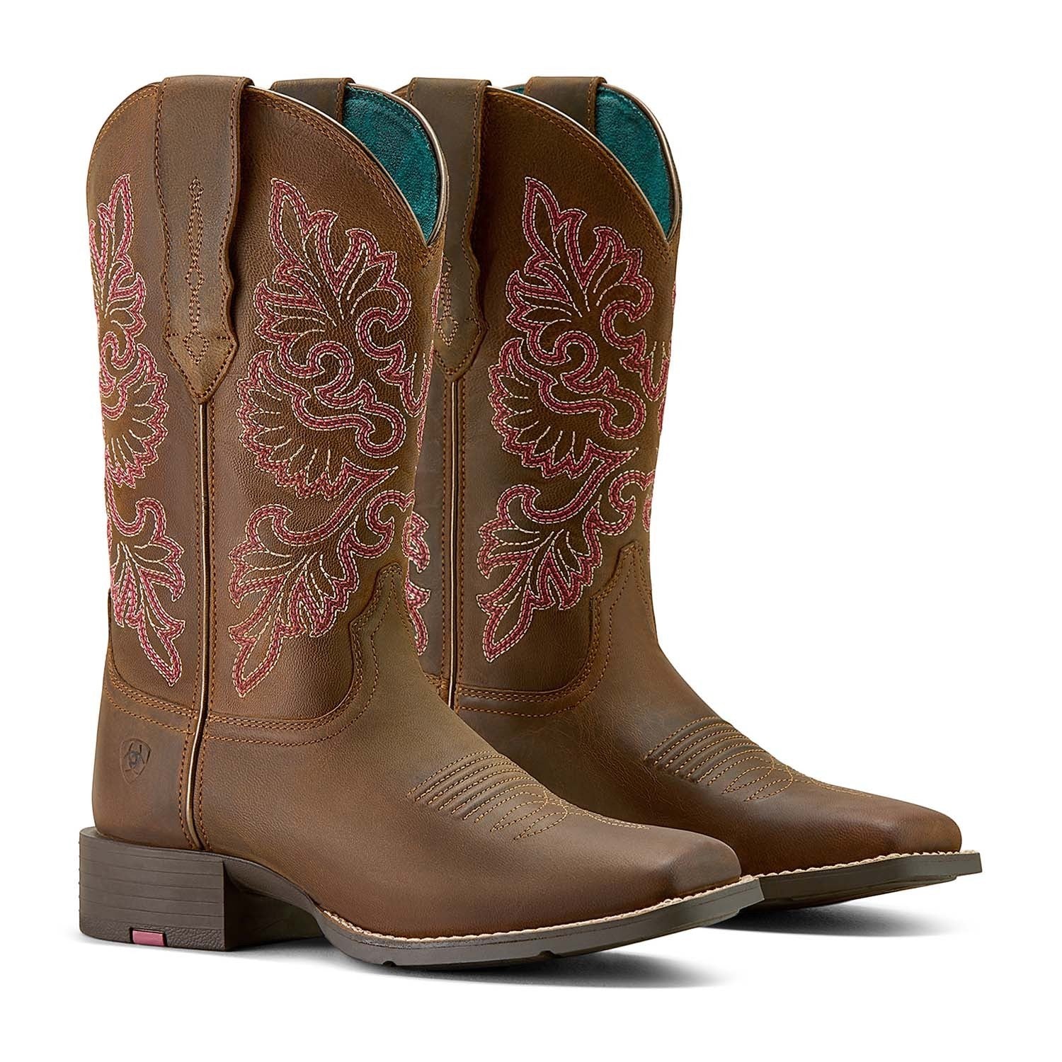 Copper Spur Western Boots & Hats Ariat women's brown full-grain leather cowboy boots with pink and white stitching and turquoise lining.