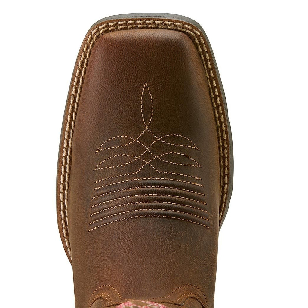 Copper Spur Western Boots & Hats Ariat Women's brown leather wide square toe boots with decorative stitching and pink floral accents.