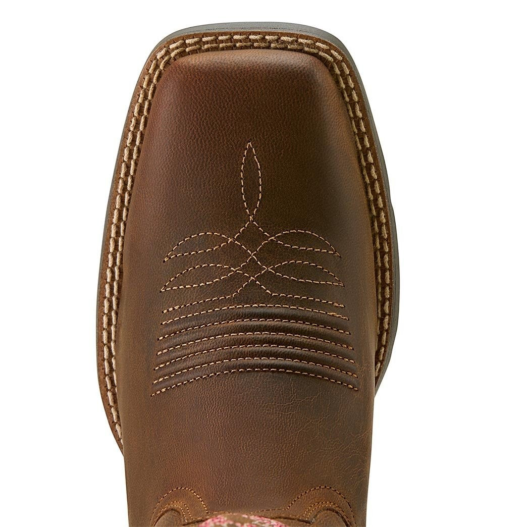 Copper Spur Western Boots & Hats Ariat Women's brown leather wide square toe boots with decorative stitching and pink floral accents.