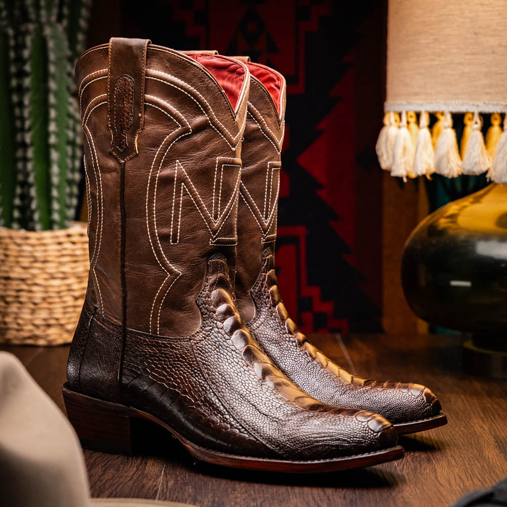 Marco Di Milano Denver Men's Exotic Cowboy Boots – Genuine Ostrich Leg | Clear Brown Round Toe