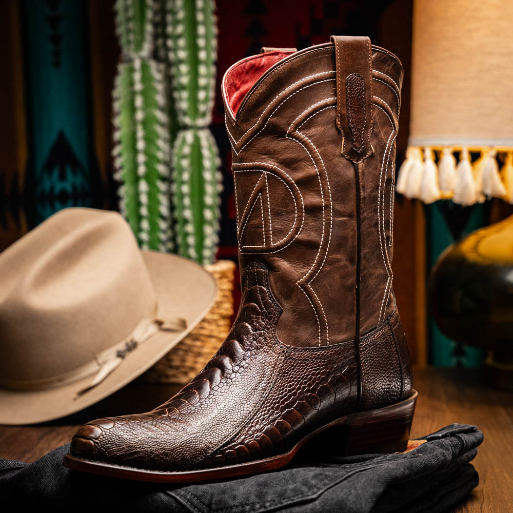 Marco Di Milano Denver Men's Exotic Cowboy Boots – Genuine Ostrich Leg | Clear Brown Round Toe