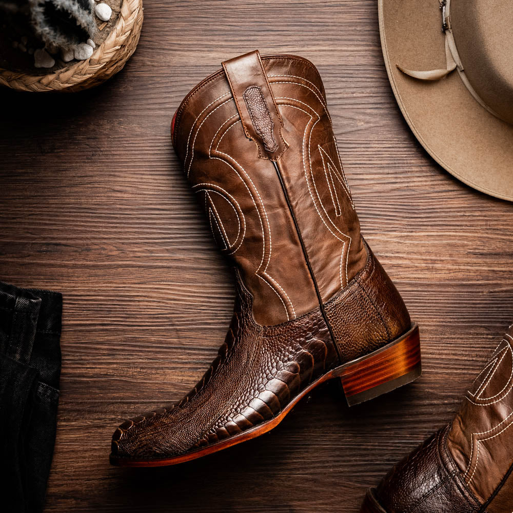 Marco Di Milano Denver Men's Exotic Cowboy Boots – Genuine Ostrich Leg | Clear Brown Round Toe