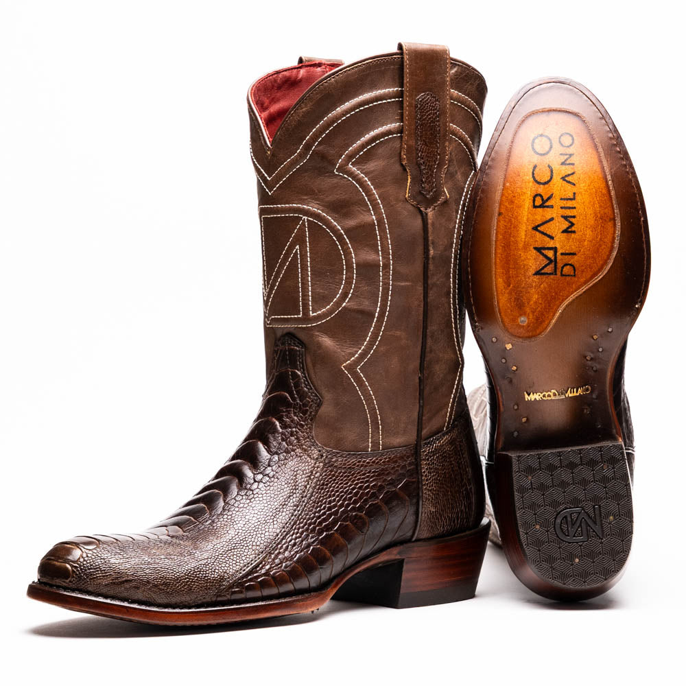 Marco Di Milano Denver Men's Exotic Cowboy Boots – Genuine Ostrich Leg | Clear Brown Round Toe