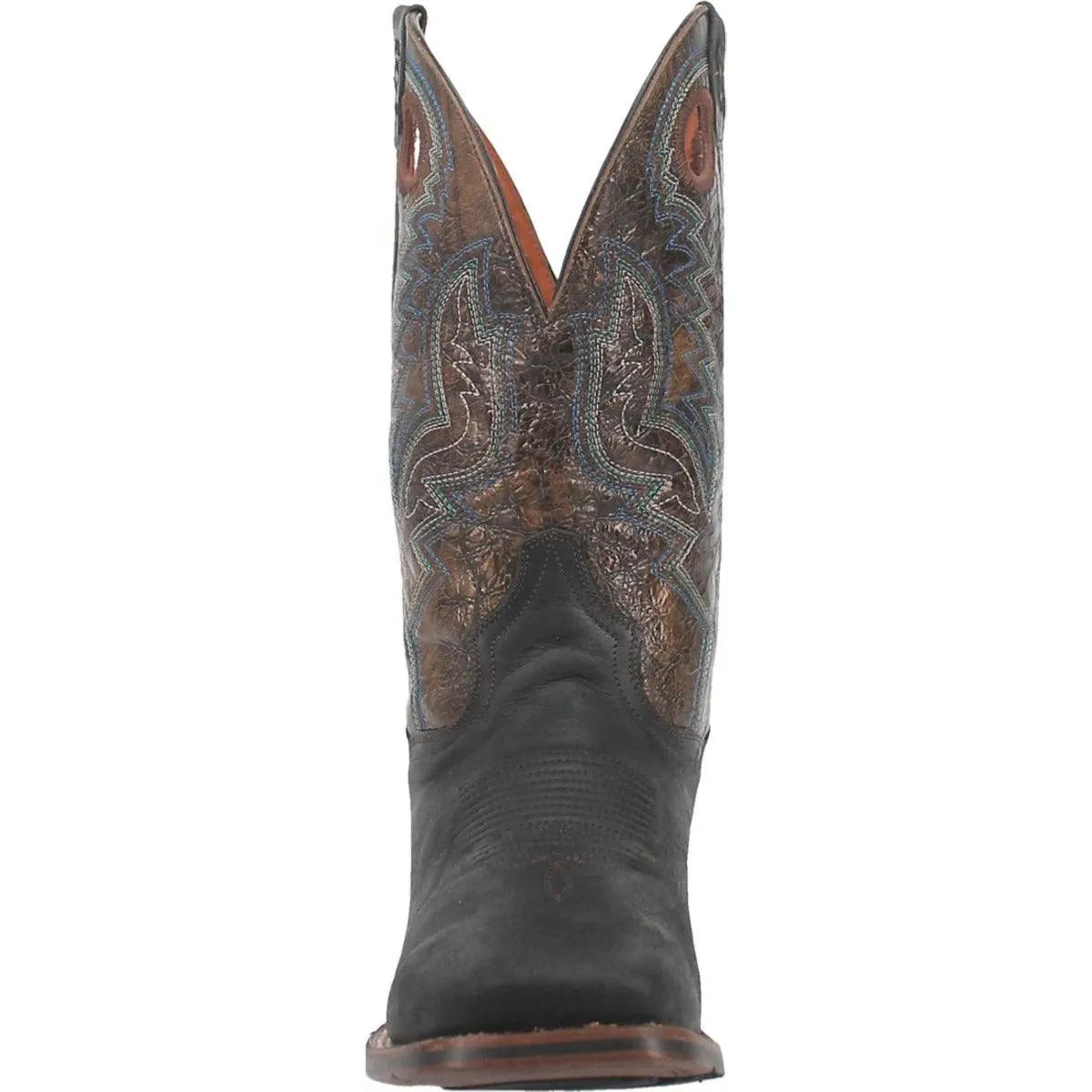 Black cowboy boot with intricate brown stitching on a white background