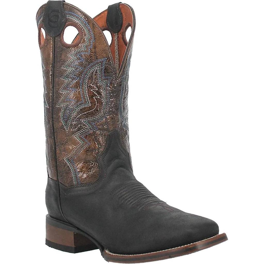 Black cowboy boot with brown leather stitch detail on a white background