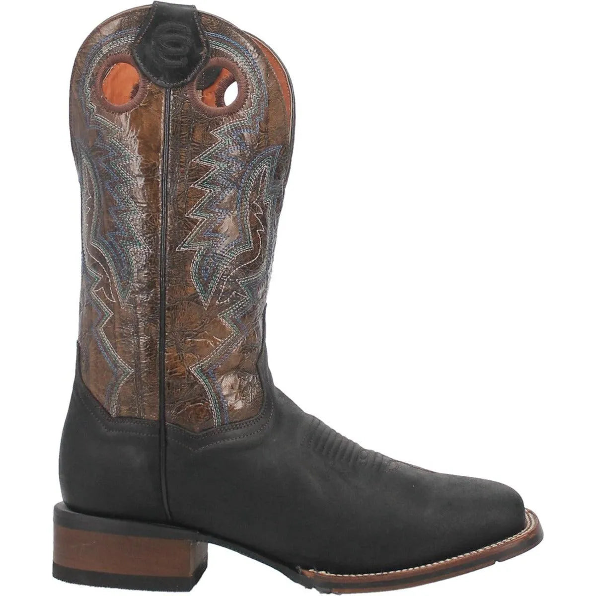 Black cowboy boot with intricate brown and blue stitching on a white background