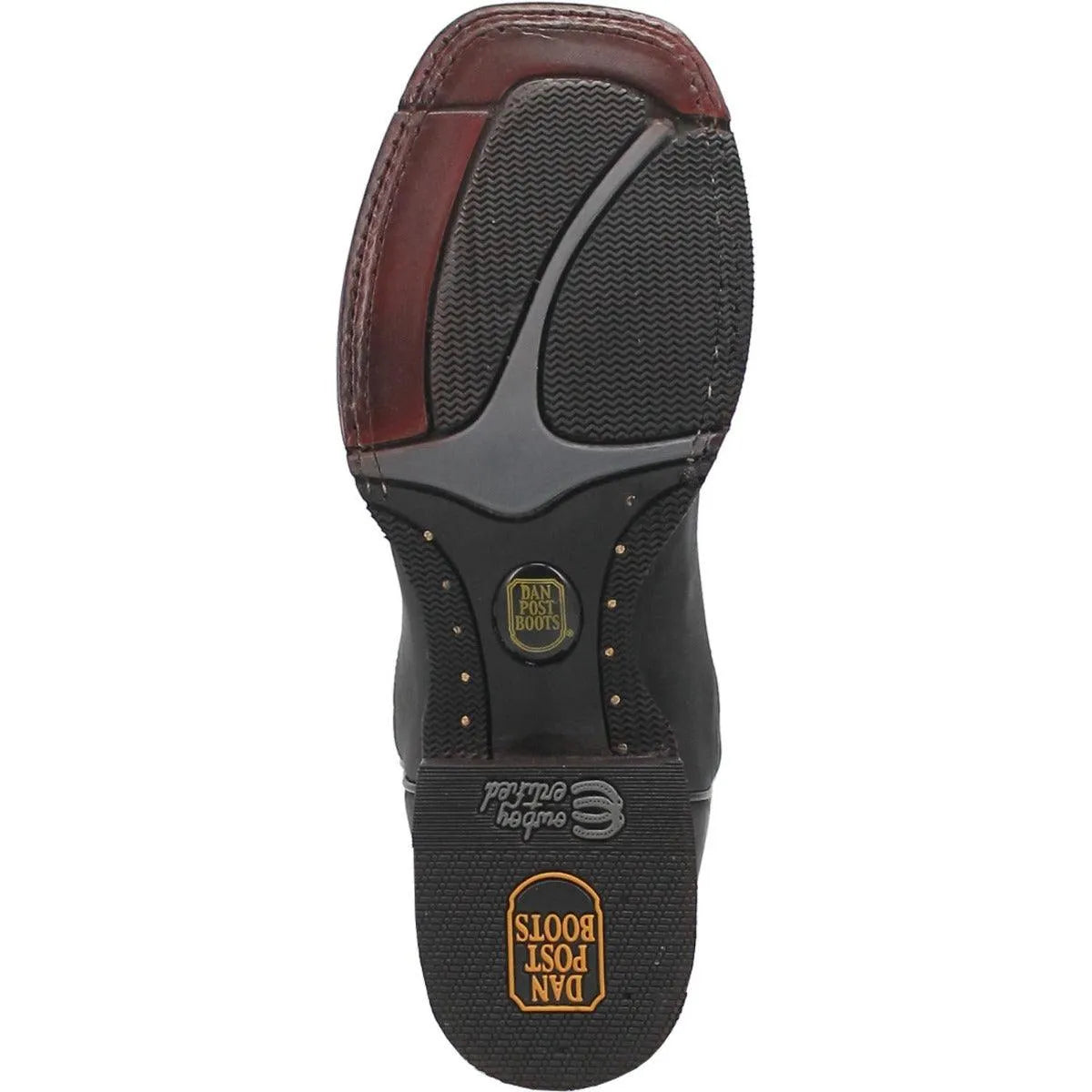 Close-up of a black and brown leather boot sole with brand logos on a white background