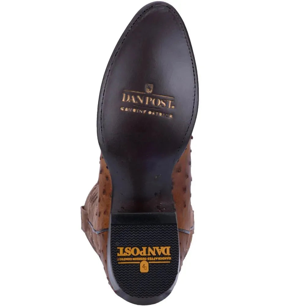 Dan Post Men's Cowboy Western Boot Tempe – Round Toe, Full Quill Ostrich Leather, Leather Outsole, Removable Soft Strike Orthotic Insole, Cowboy Heel, 12" Shaft, Chocolate Brown Exotic Western Boot