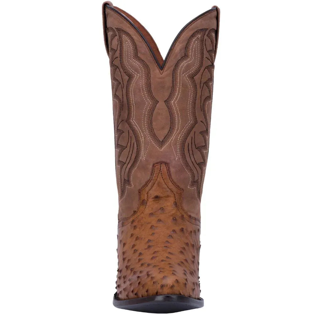Dan Post Men's Cowboy Western Boot Tempe – Round Toe, Full Quill Ostrich Leather, Leather Outsole, Removable Soft Strike Orthotic Insole, Cowboy Heel, 12" Shaft, Chocolate Brown Exotic Western Boot