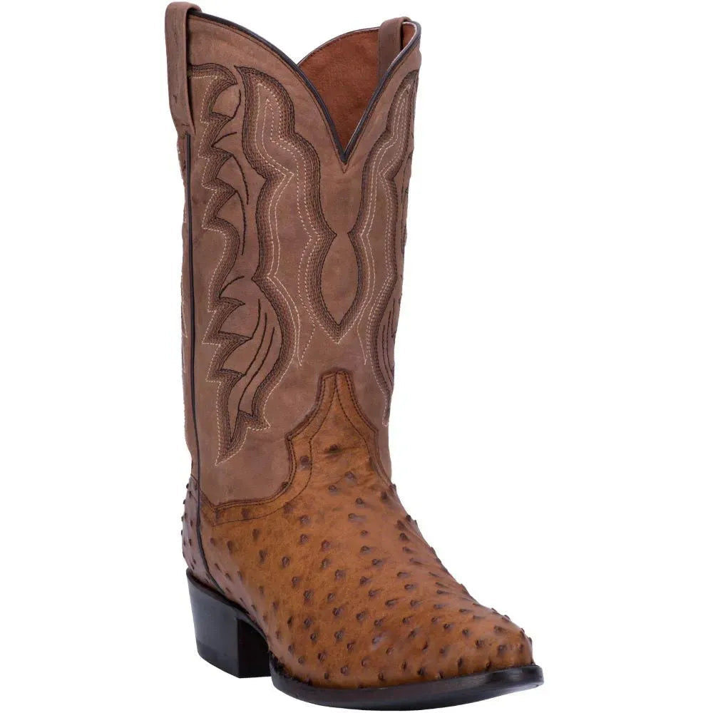 Dan Post Men's Cowboy Western Boot Tempe – Round Toe, Full Quill Ostrich Leather, Leather Outsole, Removable Soft Strike Orthotic Insole, Cowboy Heel, 12" Shaft, Chocolate Brown Exotic Western Boot
