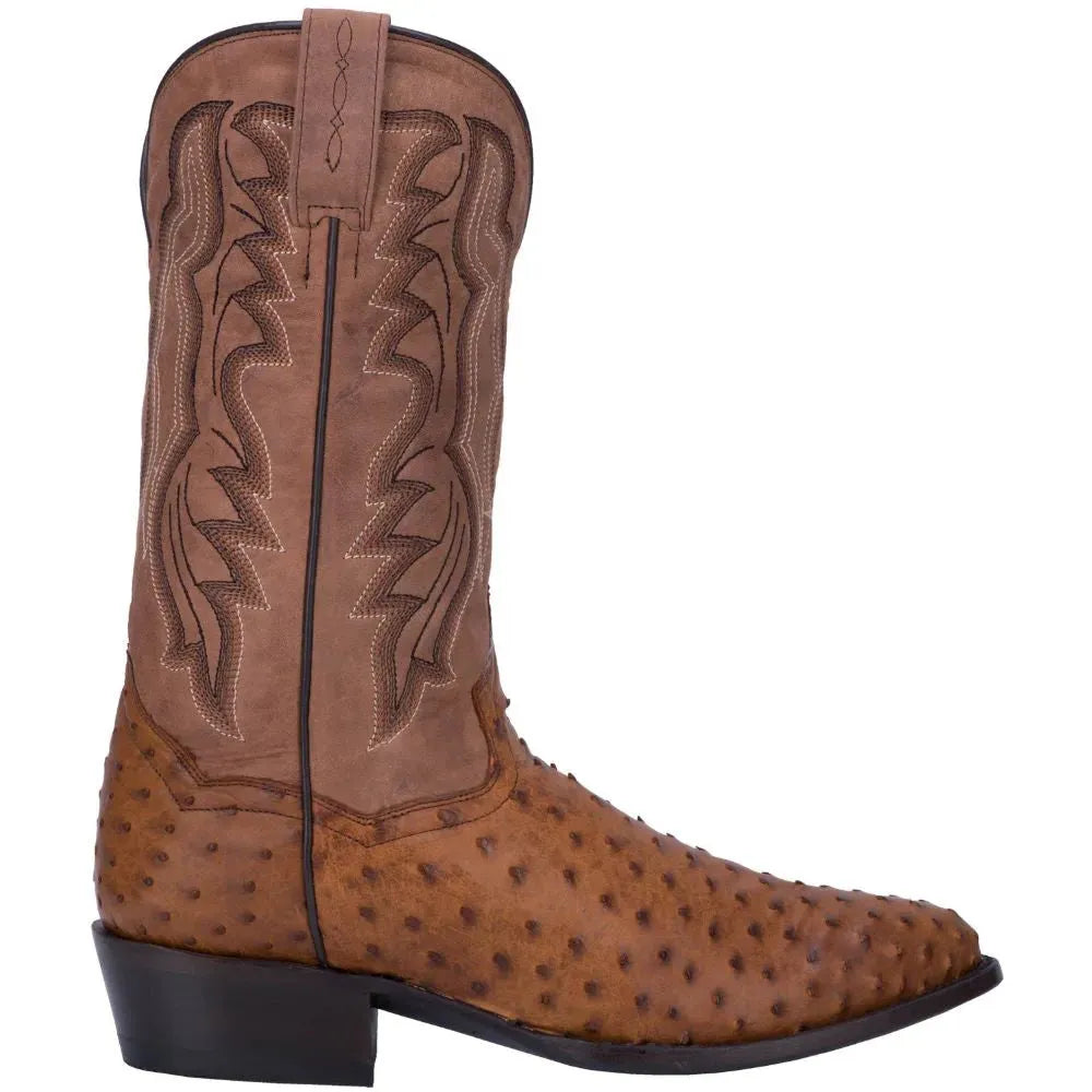 Dan Post Men's Cowboy Western Boot Tempe – Round Toe, Full Quill Ostrich Leather, Leather Outsole, Removable Soft Strike Orthotic Insole, Cowboy Heel, 12" Shaft, Chocolate Brown Exotic Western Boot