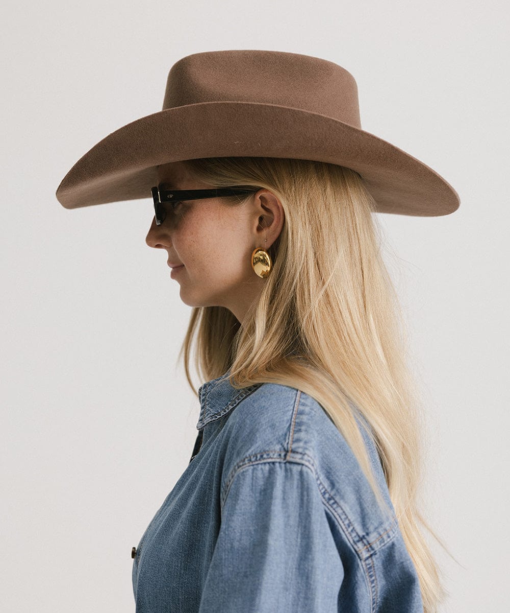 GIGI PIP Shane Women's Felt Cowboy Hat – Brick Top Crown & Upturned Brim | Western Leather Band