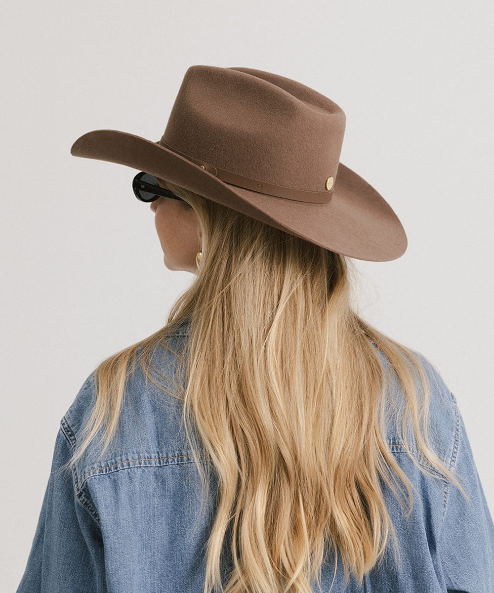 GIGI PIP Shane Women's Felt Cowboy Hat – Brick Top Crown & Upturned Brim | Western Leather Band
